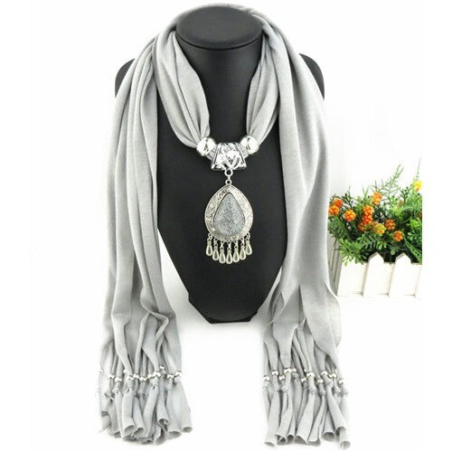 Ethnic Style Waterdrop Pendant Tassel Fashion Scarf Necklace - Gray