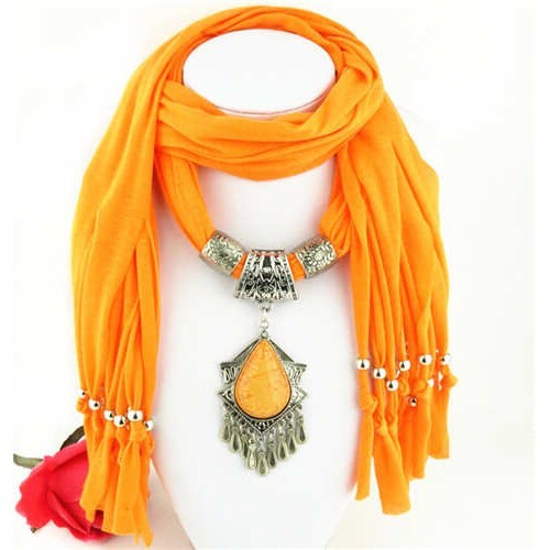 Folk Style Gem Embellished Waterdrop Pendant Design Women Scarf Necklace - Orange