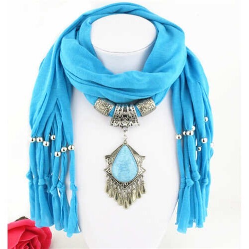 Folk Style Gem Embellished Waterdrop Pendant Design Women Scarf Necklace - Blue