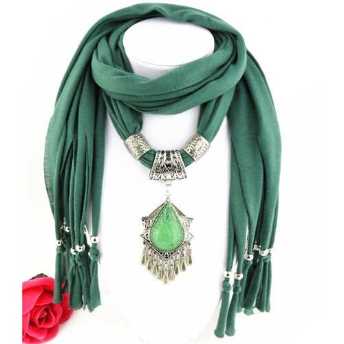 Folk Style Gem Embellished Waterdrop Pendant Design Women Scarf Necklace - Ink Green