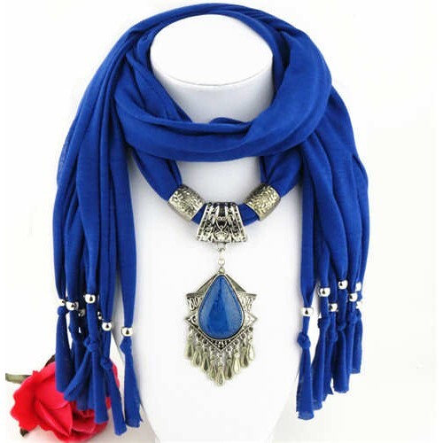 Folk Style Gem Embellished Waterdrop Pendant Design Women Scarf Necklace - Royal Blue