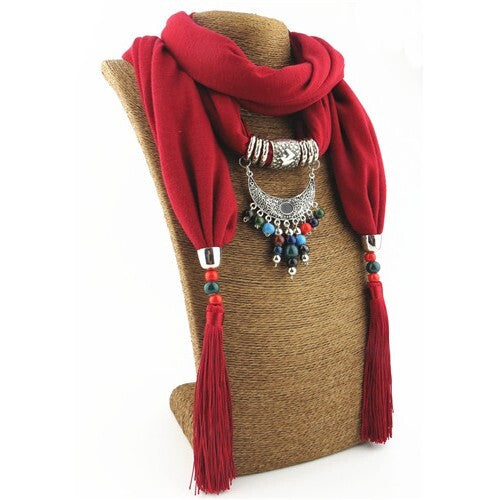 Folk Style Colorful Beads Tassel Vintage Arch Pendant Women Scarf Necklace - Red