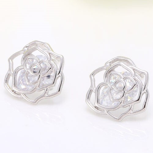 Dual Round Cubic Zirconia Embellished Hollow Design Fashion Ear Studs - Silver