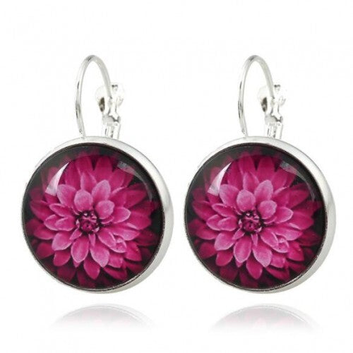 Dimensional Glass Flower Round Gem Pendant Fashion Clip Earrings - Silver