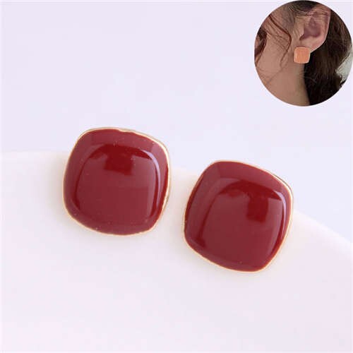 Solid Color Elegant Square Design High Fashion Women Ear Studs - Red