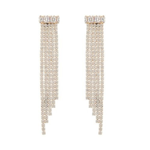 Delicate Pink Rhinestone Embellished Long Tassel Design Women Statement Earrings