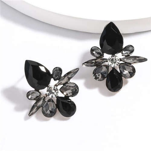 Splendid Rhinestone Floral Pattern High Fashion Women Statement Earrings - Black