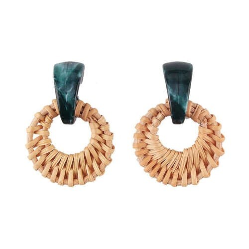 Folk Style Brown Bamboo Weaving Hoop Fashion Women Earrings - Green