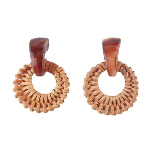 Folk Style Brown Bamboo Weaving Hoop Fashion Women Earrings - Brown