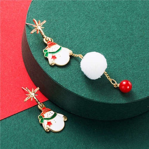 Snowman with White Fluffy Ball Asymmetric Tassel Design Women Fashion Earrings