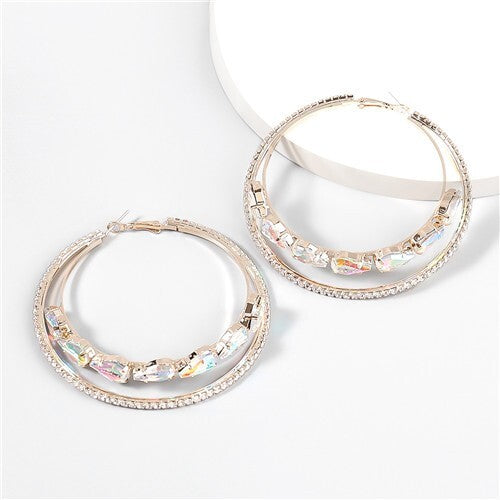 Dual Hoops Rhinestone Super Shining High Fashion Women Costume Earrings - Golden