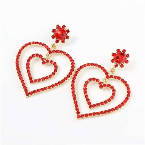 Dual Hearts Acrylic Gems Embellished Korean Fashion Women Earrings - Red