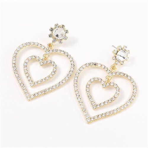 Dual Hearts Acrylic Gems Embellished Korean Fashion Women Earrings - White