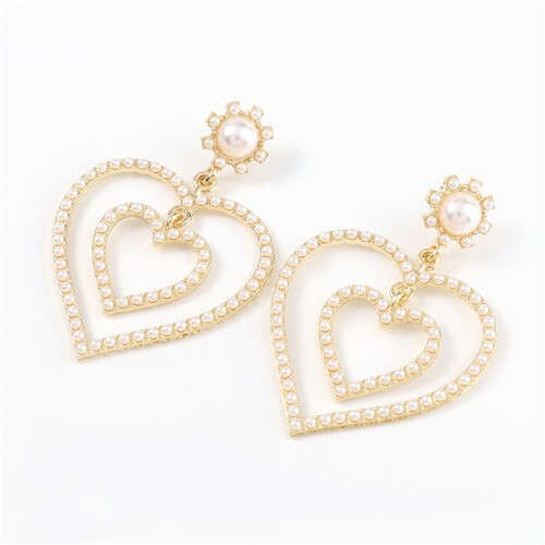 Dual Hearts Acrylic Gems Embellished Korean Fashion Women Earrings - Pearl