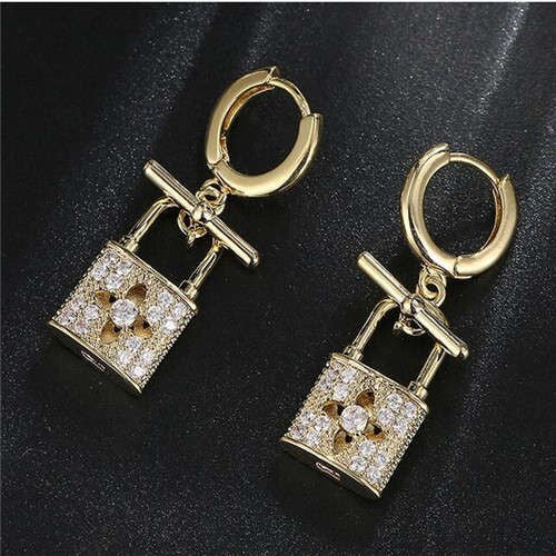 Fashion Hollow-out Flower Lock Modeling Wholesale Jewelry Cubic Zirconia Copper Earrings - Golden