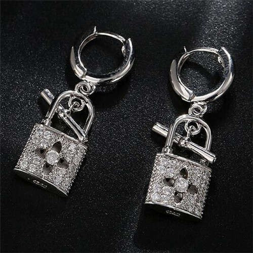 Fashion Hollow-out Flower Lock Modeling Wholesale Jewelry Cubic Zirconia Copper Earrings - Silver