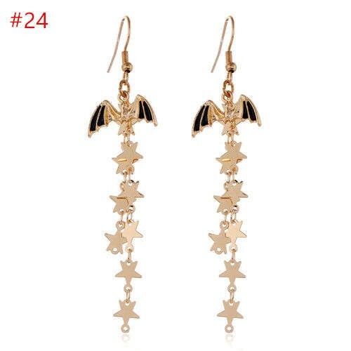 Halloween Jewelry Bat with Long Golden Alloy Stars Tassel Chain Wholesale Costume Earrings