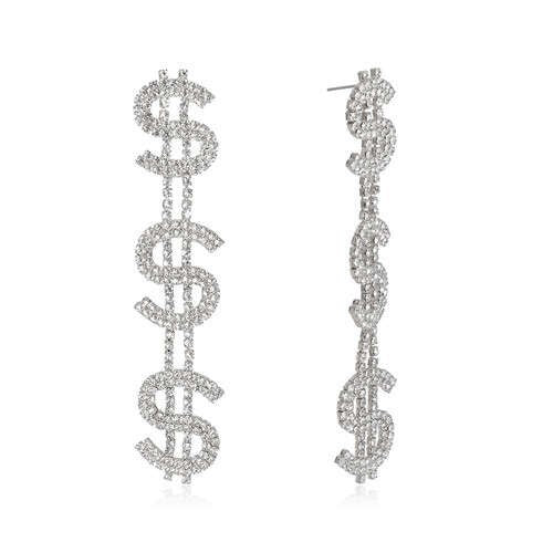 Dollar Sign Bold Fashion Design Wholesale Jewelry Long Dangle Rhineston Alloy Earrings - Silver