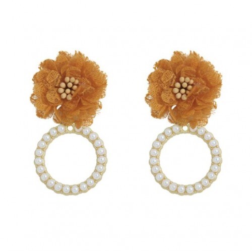 Folk Style Cloth Flower Pearl Hoop Spring Fashion Women Boutique Earrings - Khaki