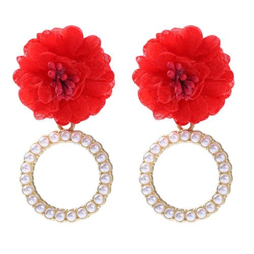 Folk Style Cloth Flower Pearl Hoop Spring Fashion Women Boutique Earrings - Red