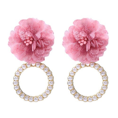 Folk Style Cloth Flower Pearl Hoop Spring Fashion Women Boutique Earrings - Darkish Pink