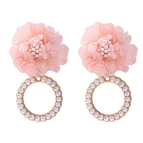 Folk Style Cloth Flower Pearl Hoop Spring Fashion Women Boutique Earrings - Pink