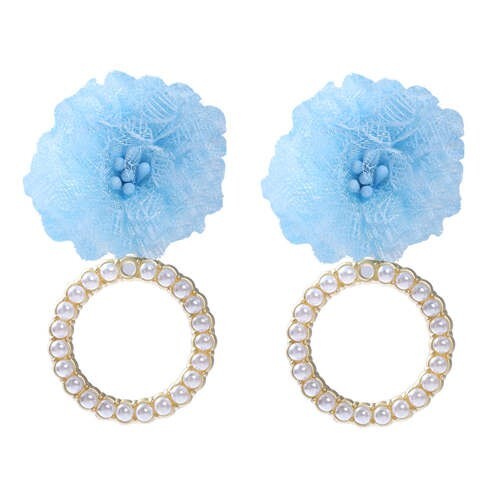 Folk Style Cloth Flower Pearl Hoop Spring Fashion Women Boutique Earrings - Light Blue