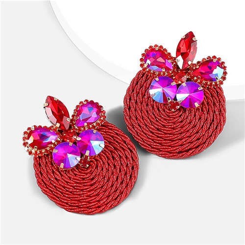 Ethnic Style Elastic Thread Weaved Round Shape Rhinestone Flower Women Wholesale Earrings - Red