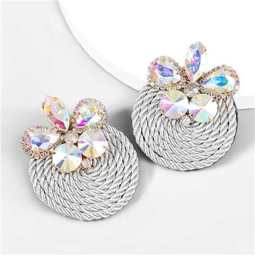 Ethnic Style Elastic Thread Weaved Round Shape Rhinestone Flower Women Wholesale Earrings - Silver