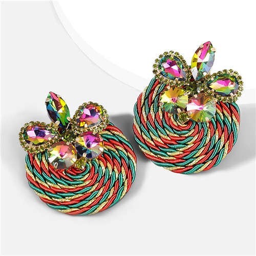 Ethnic Style Elastic Thread Weaved Round Shape Rhinestone Flower Women Wholesale Earrings - Multicolor