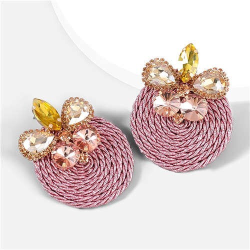 Ethnic Style Elastic Thread Weaved Round Shape Rhinestone Flower Women Wholesale Earrings - Pink