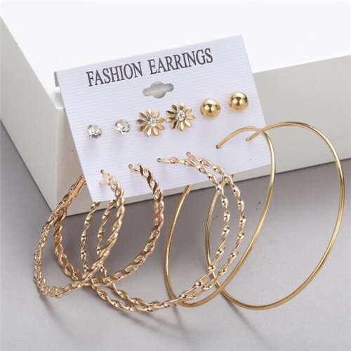 Spiral Pattern Hoops and Stud Combo High Fashion Women Golden Earrings Set