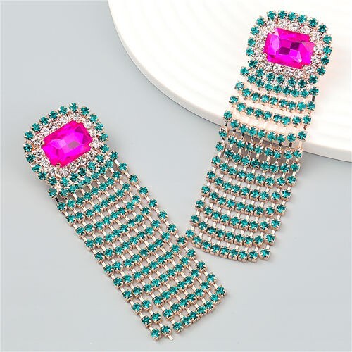 Square Geometric Design Rhinestone Long Tassel Exaggerated Fahion Earrings - Green