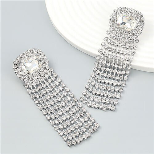 Square Geometric Design Rhinestone Long Tassel Exaggerated Fahion Earrings - White