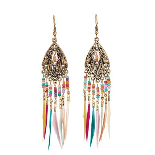 Ethnic Fashion Vintage Waterdrop with Beads and Feather Tassel Wholesale Women Retro Costume Earrings - Golden