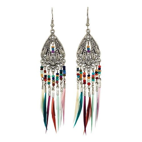 Ethnic Fashion Vintage Waterdrop with Beads and Feather Tassel Wholesale Women Retro Costume Earrings - Silver