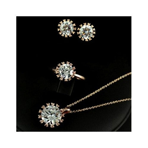 Zirconia Inlaid Snowflake Design Rose Gold Necklace Earrings and Ring Set