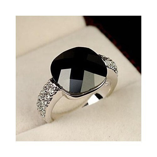 Square Black Crystal Inlaid Platinum Plated Ring