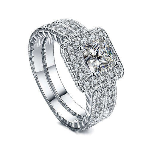 Square Cubic Zirconia Embellished Dual Rings Sweet Design 18K Platinum Plated Women Ring