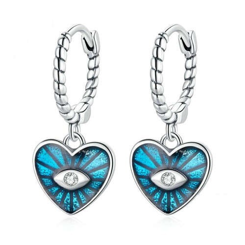 Demon Shining Eye Heart Dangle Oil-spot Glazed Wholesale 925 Sterling Silver Jewelry Huggie Earrings - Blue