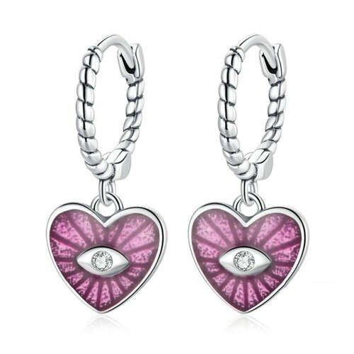 Demon Shining Eye Heart Dangle Oil-spot Glazed Wholesale 925 Sterling Silver Jewelry Huggie Earrings - Pink