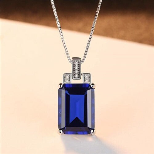 Srilanka Square Gem Pendant 925 Sterling Silver Necklace - Blue