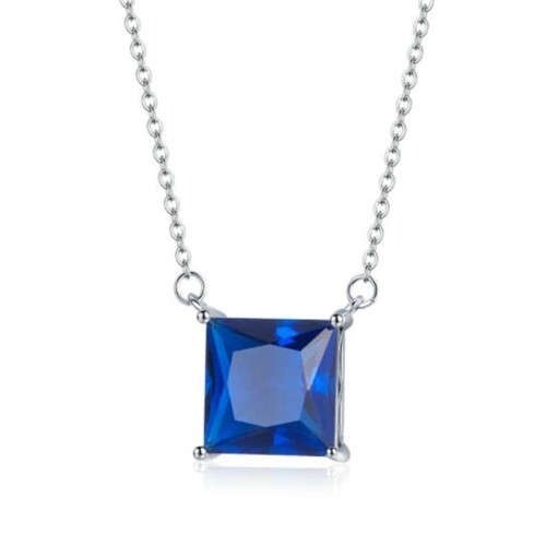 Square Shape Blue Cubic Zirconia Inlaid Minimalist Design Women 925 Sterling Silver Jewelry Necklace