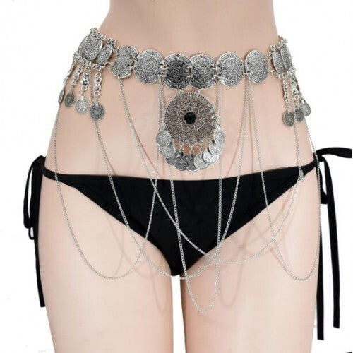 Fashion Coin Tassel Waist Chain Exotic Belly Dance Beach Wholesale Body Chain Jewelry - Silver