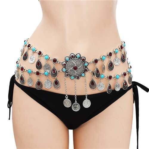 Turquoise Embellished Bohemian Coins Tassel Floral Belly Chain Retro Ethnic Fashion Wholesale Body Jewelry