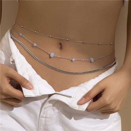 Light Blue Stones Decorated Summer Beach Fashion Wholesale Waist Chain - Silver