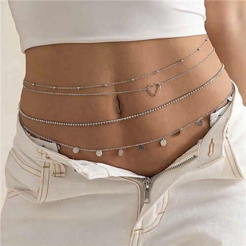 Hollow-out Heart Decorated Round Metal Sheet Tassel Multilayer American Fashion Wholesale Body Chain - Silver